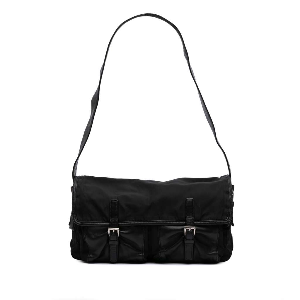 Prada Tessuto and Nappa Double Buckle Messenger Bag