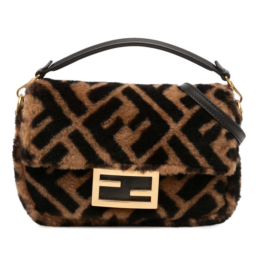 Fendi Mini Zucca Shearling Chain Baguette Satchel