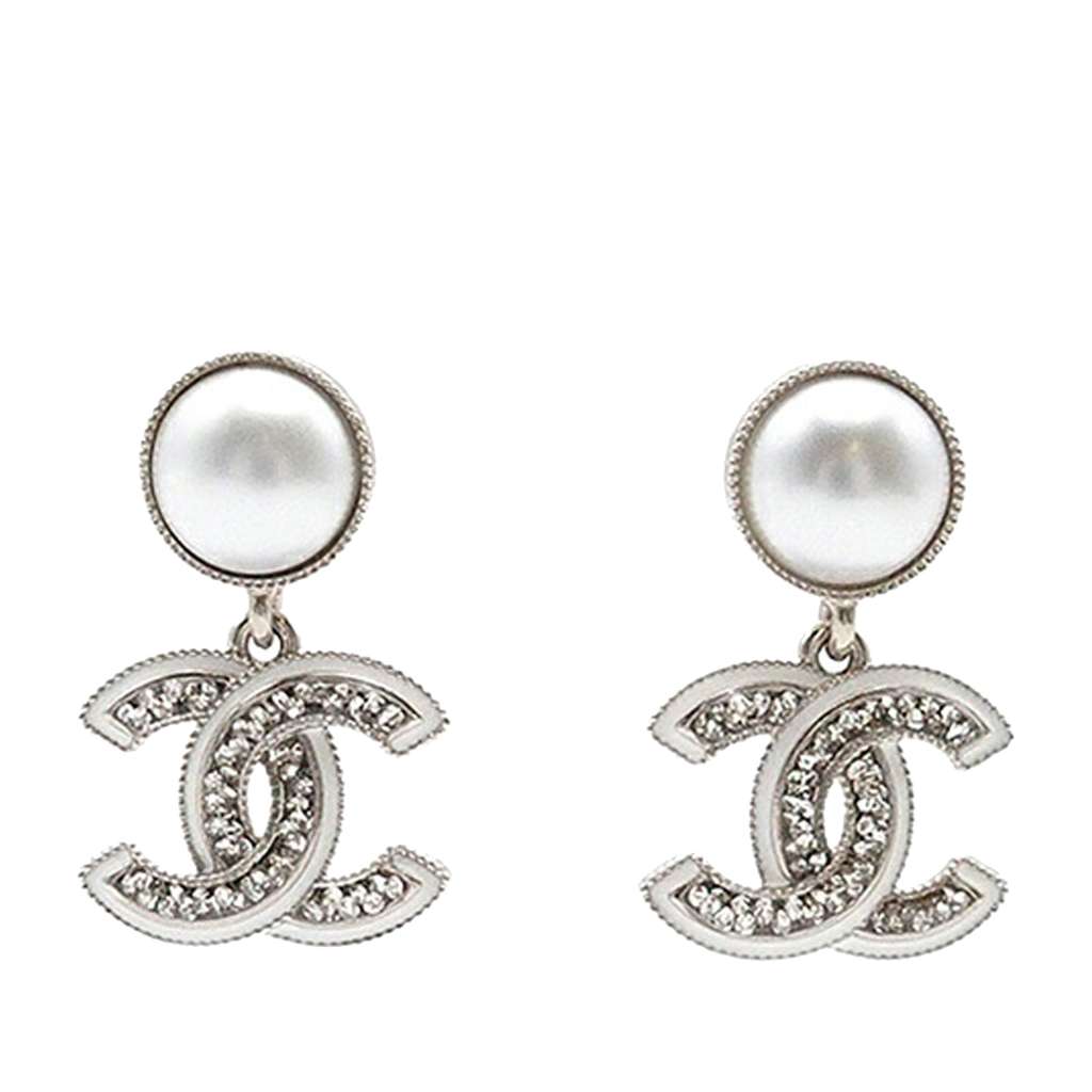 Chanel Silver Plated Faux Pearl CC Crystal Drop Push Back Earrings