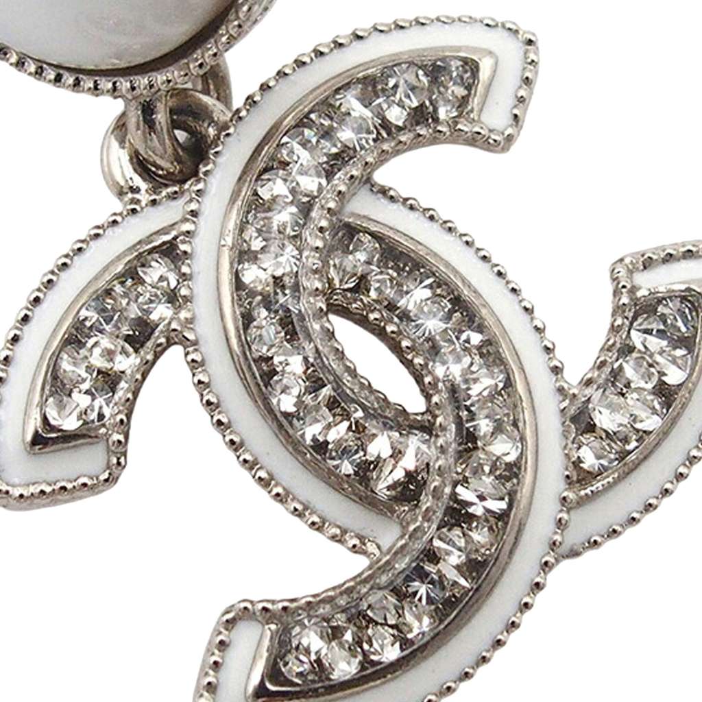 Chanel Silver Plated Faux Pearl CC Crystal Drop Push Back Earrings - 3