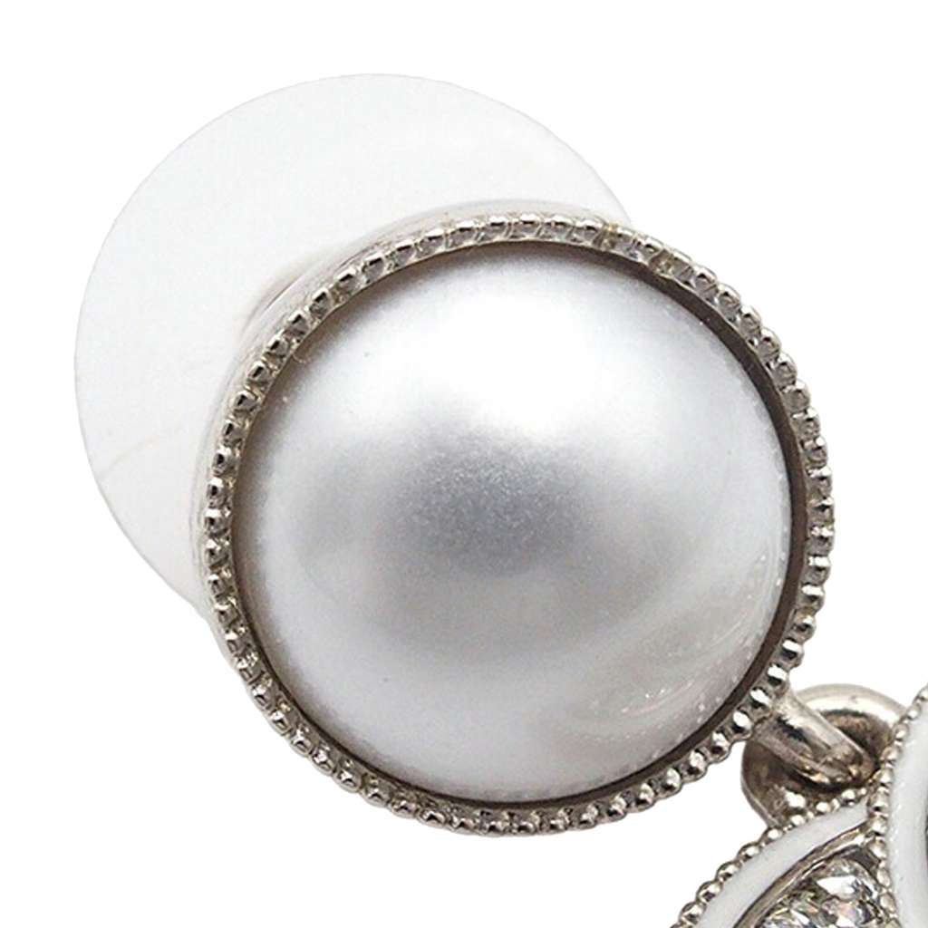 Chanel Silver Plated Faux Pearl CC Crystal Drop Push Back Earrings - 4