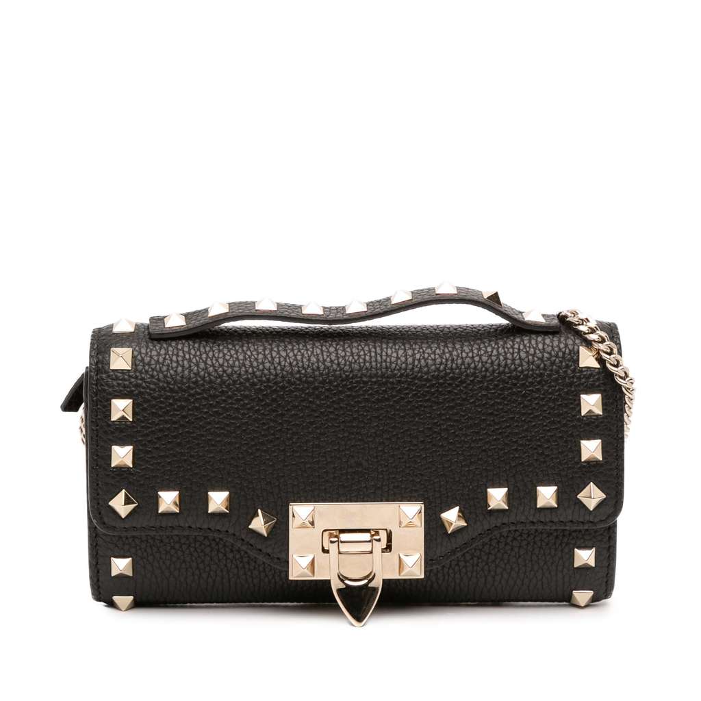 Valentino Pebbled Calfskin Rockstud Flip Lock Wallet On Chain