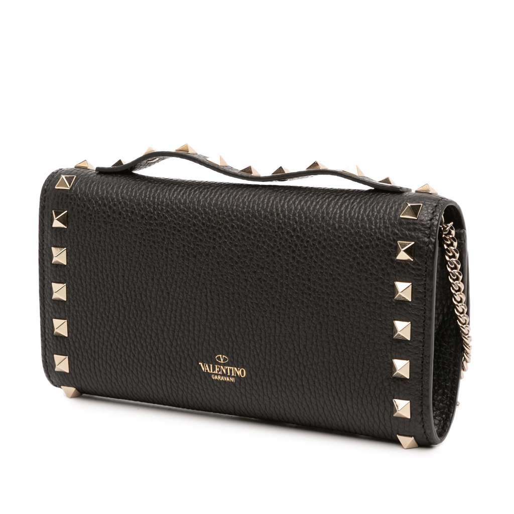 Valentino Pebbled Calfskin Rockstud Flip Lock Wallet On Chain - 2