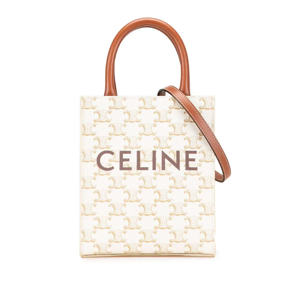 Celine Mini Triomphe Coated Canvas Vertical Cabas Satchel White Canvas Good - Front View