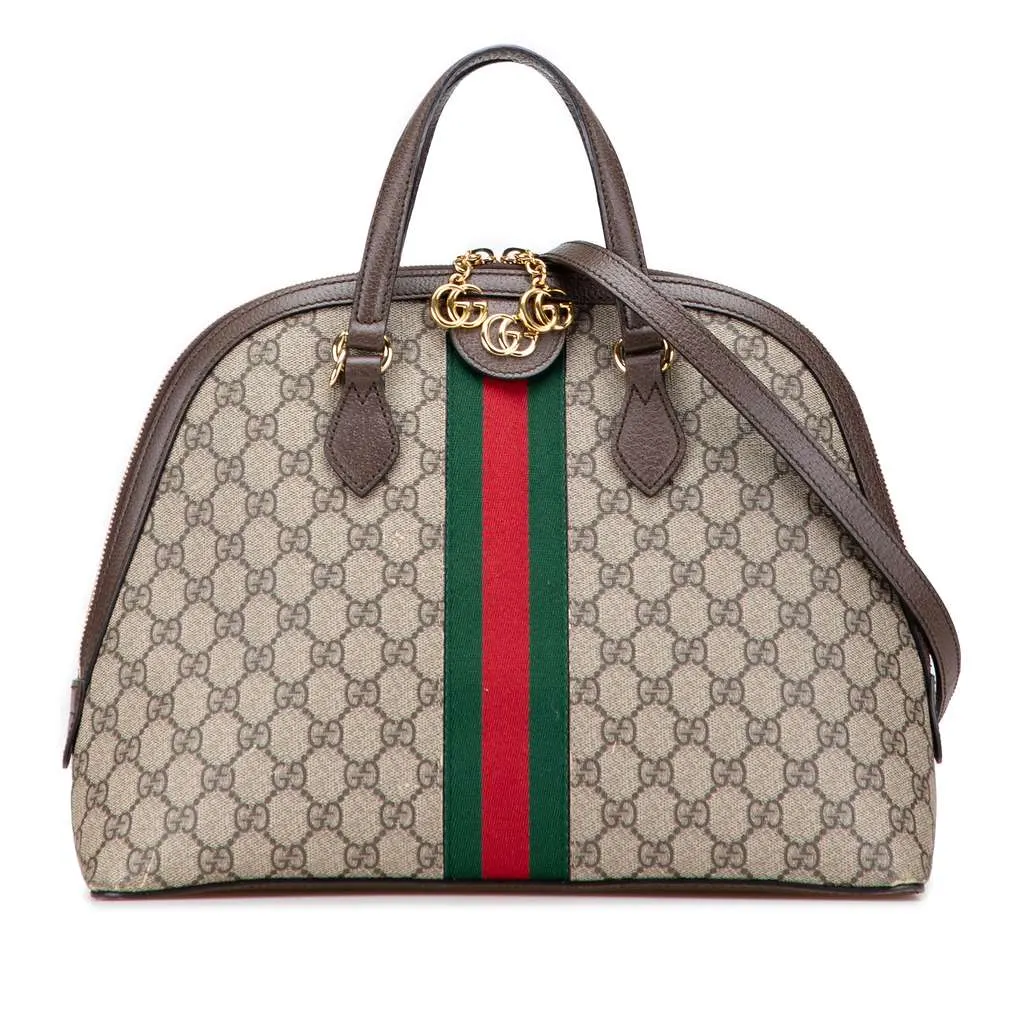 Gucci Medium GG Supreme Ophidia Web Satchel Brown Canvas Good - Front View