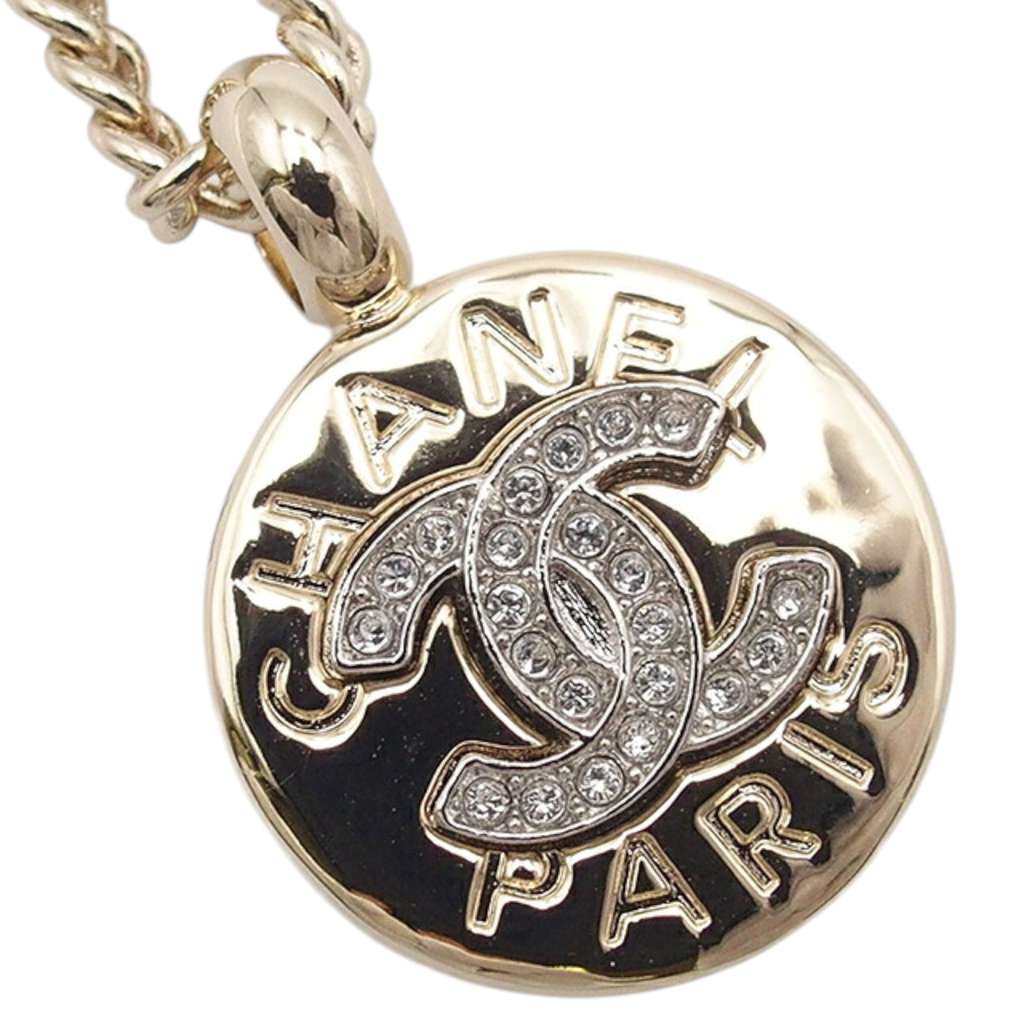 Chanel Gold Plated CC Rhinestones Round Pendant Necklace - 3