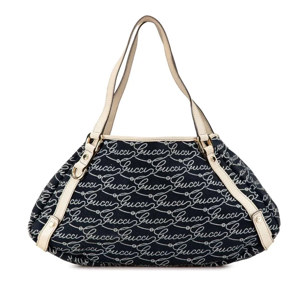 Gucci 85th Anniversary Canvas Logo Abbey D Ring Tote Blue Canvas Good - Front View