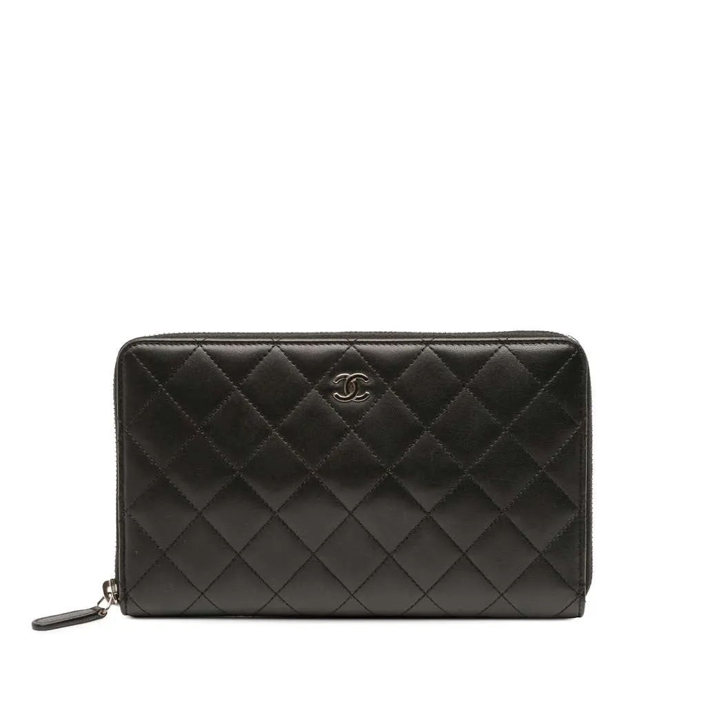 Chanel CC Quilted Lambskin Zip Around Wallet Black Leather Good - Front View