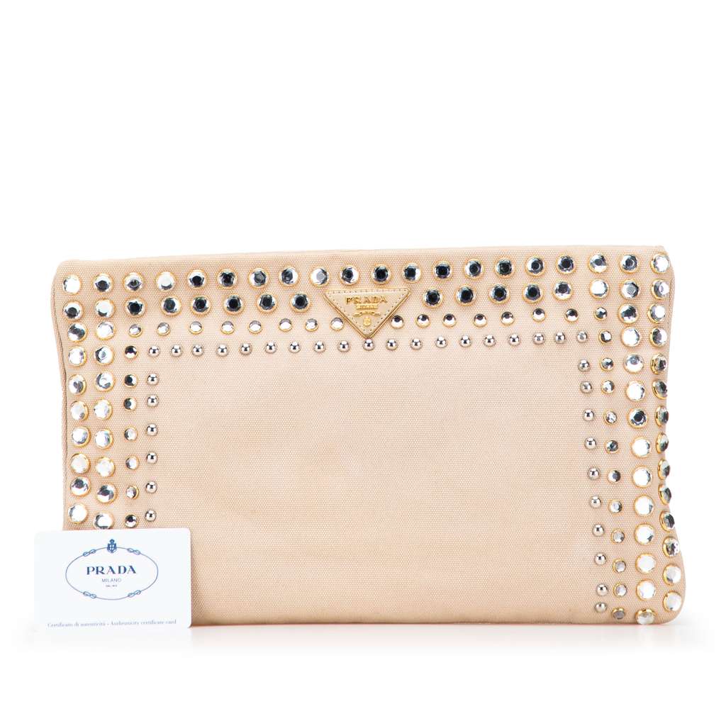 Prada Canvas Canapa Studded Vernice Clutch - Image 14