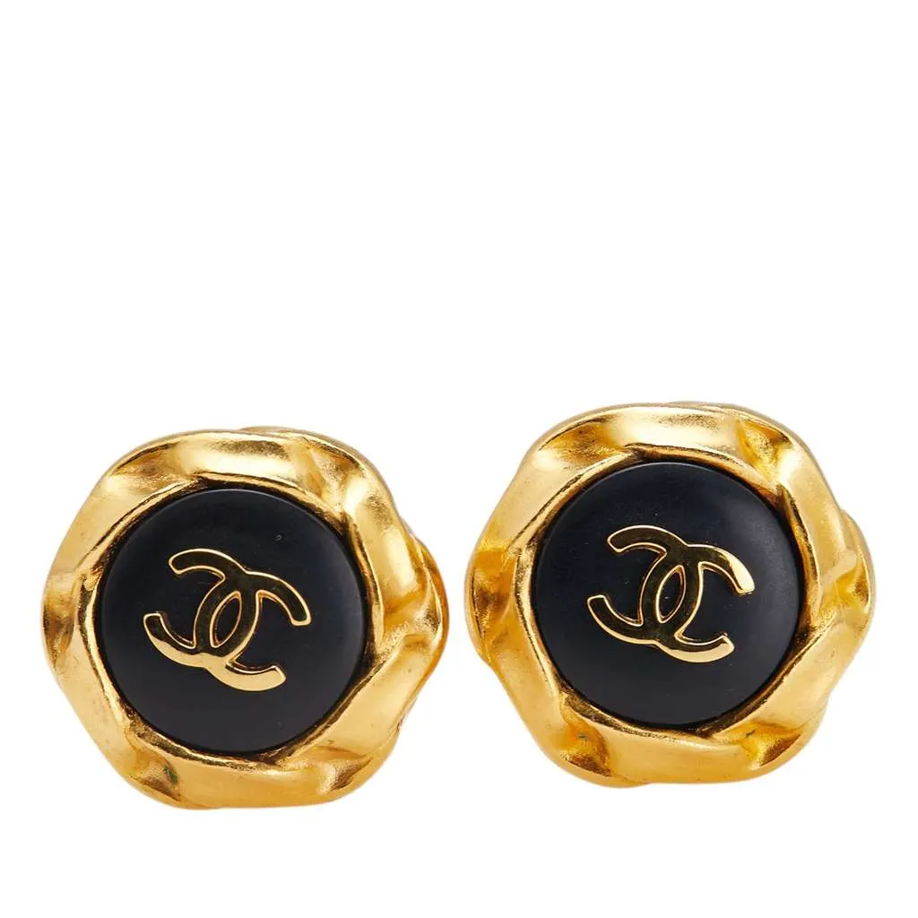 Chanel Gold Plated and Acrylic CC Hexagon Clip On Earrings Gold Metal Good - Front View