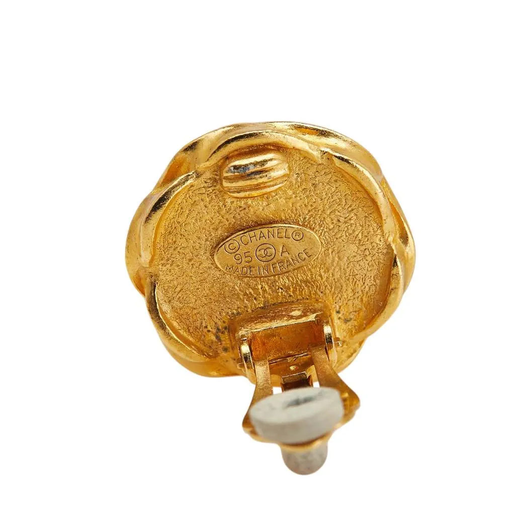 Chanel Gold Plated and Acrylic CC Hexagon Clip On Earrings Gold Metal Good - Inside View