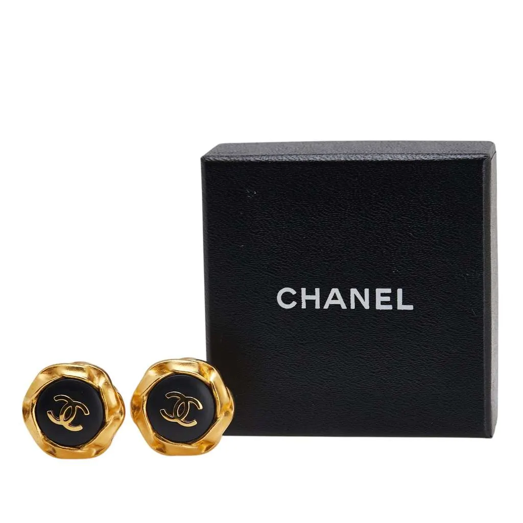 Chanel Gold Plated and Acrylic CC Hexagon Clip On Earrings Gold Metal Good - Model View