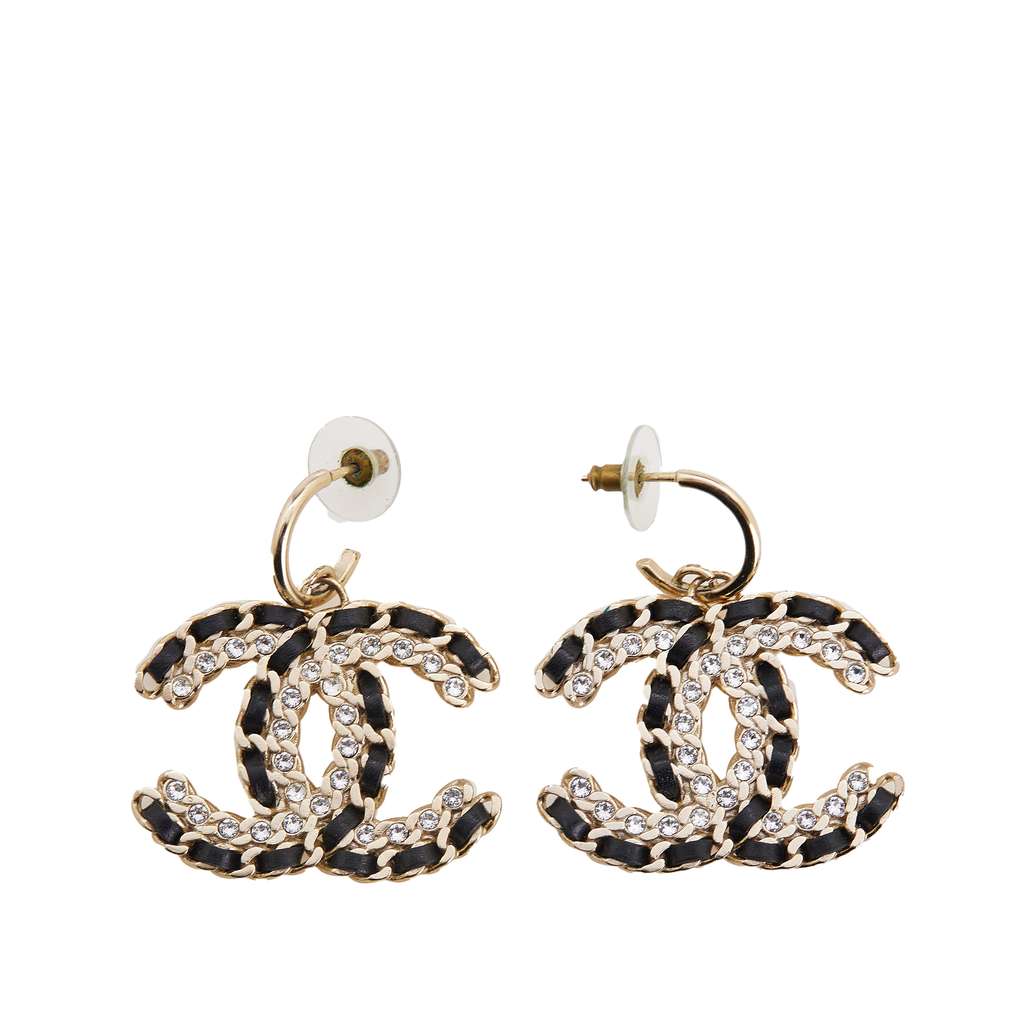 Chanel Gold Plated CC Leather Woven and Strass Drop Push Back Earrings
