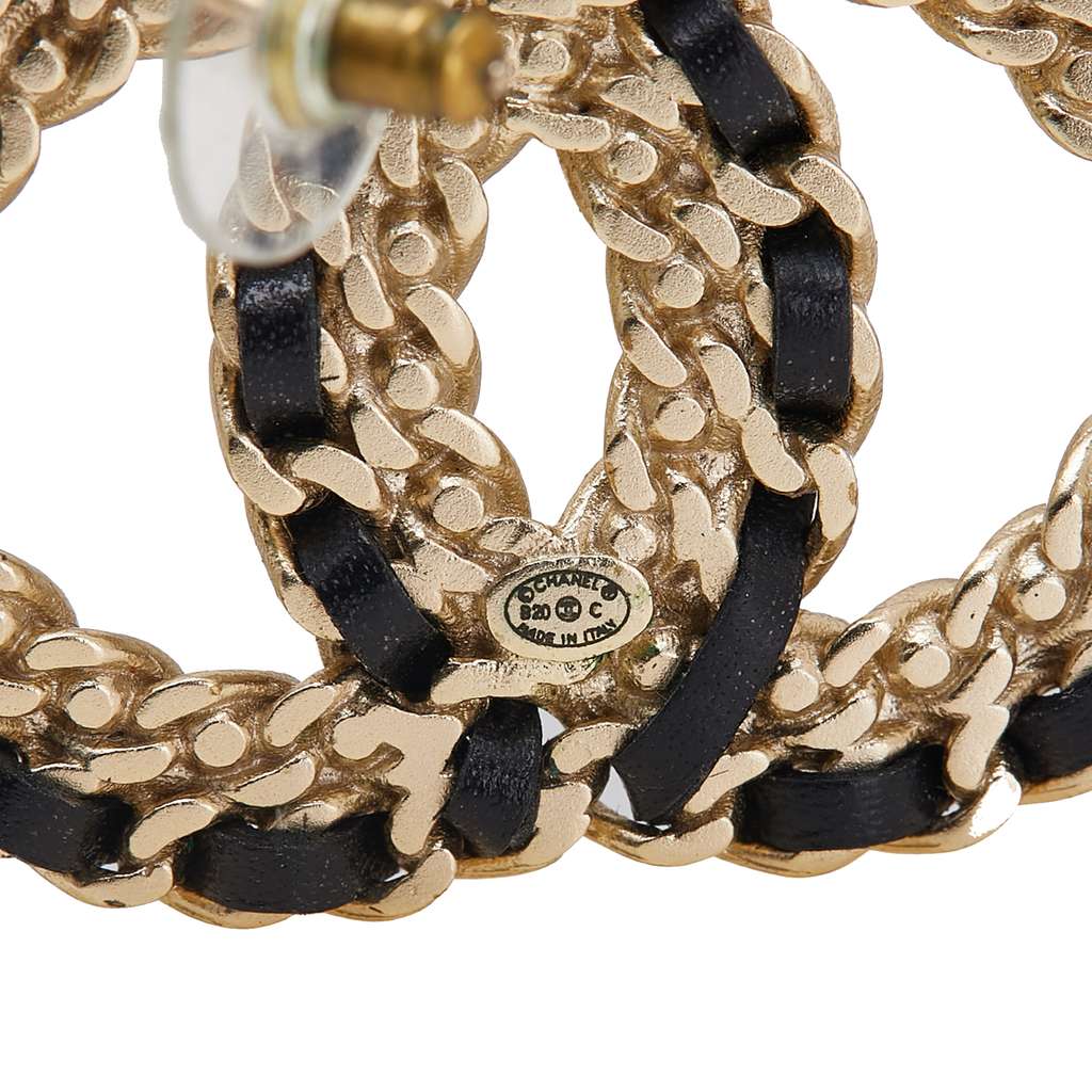 Chanel Gold Plated CC Leather  Woven and Strass Drop Push Back Earrings - 3