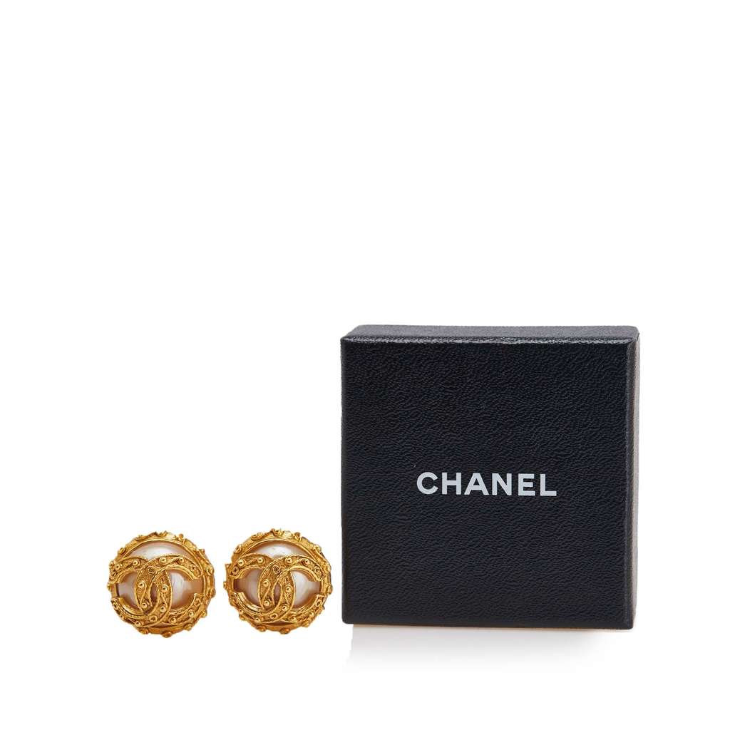 Chanel Gold Plated Studded CC Pearl Clip On Earrings - 4