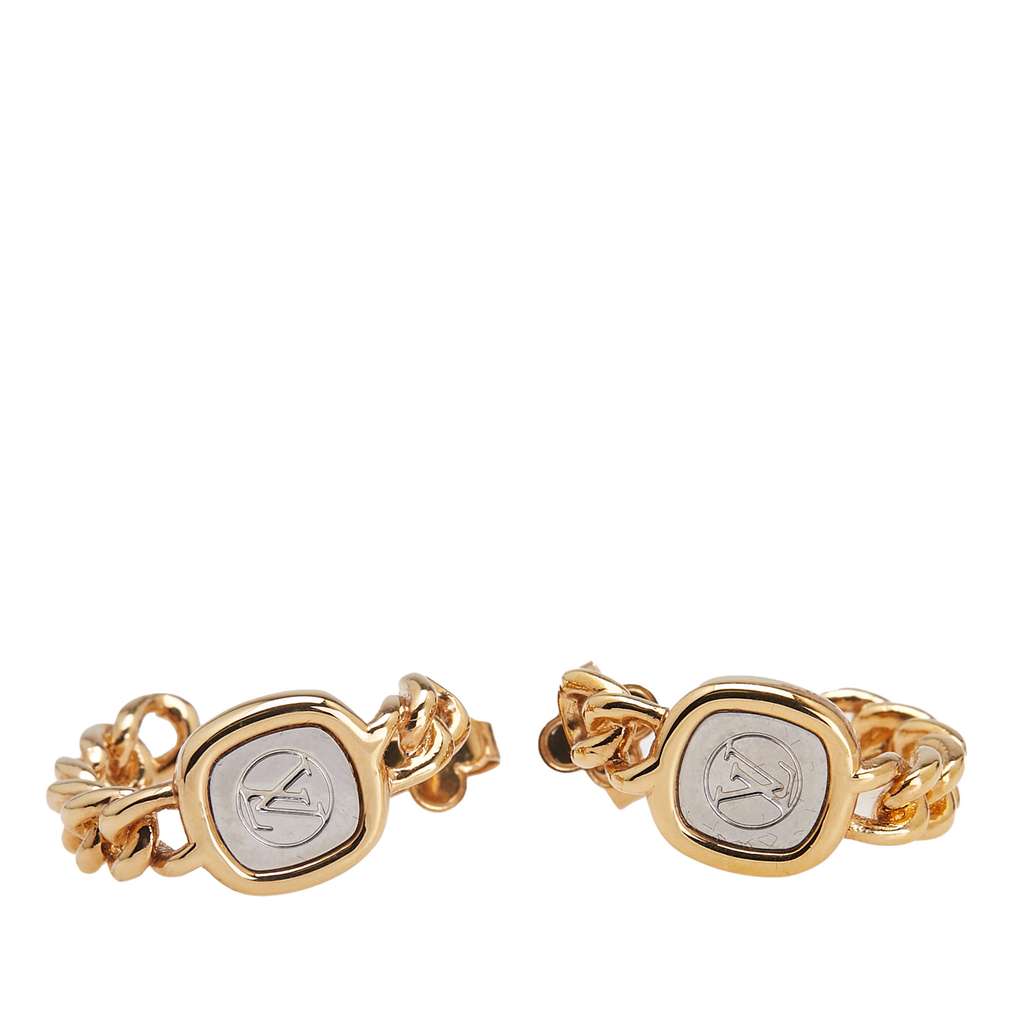 Louis Vuitton Gold Plated LV ID Chain Hoop Push Back Earrings