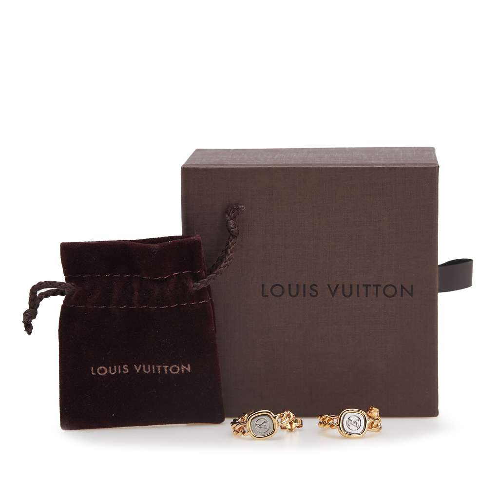 Louis Vuitton Gold Plated LV ID Chain Hoop Push Back Earrings - 4