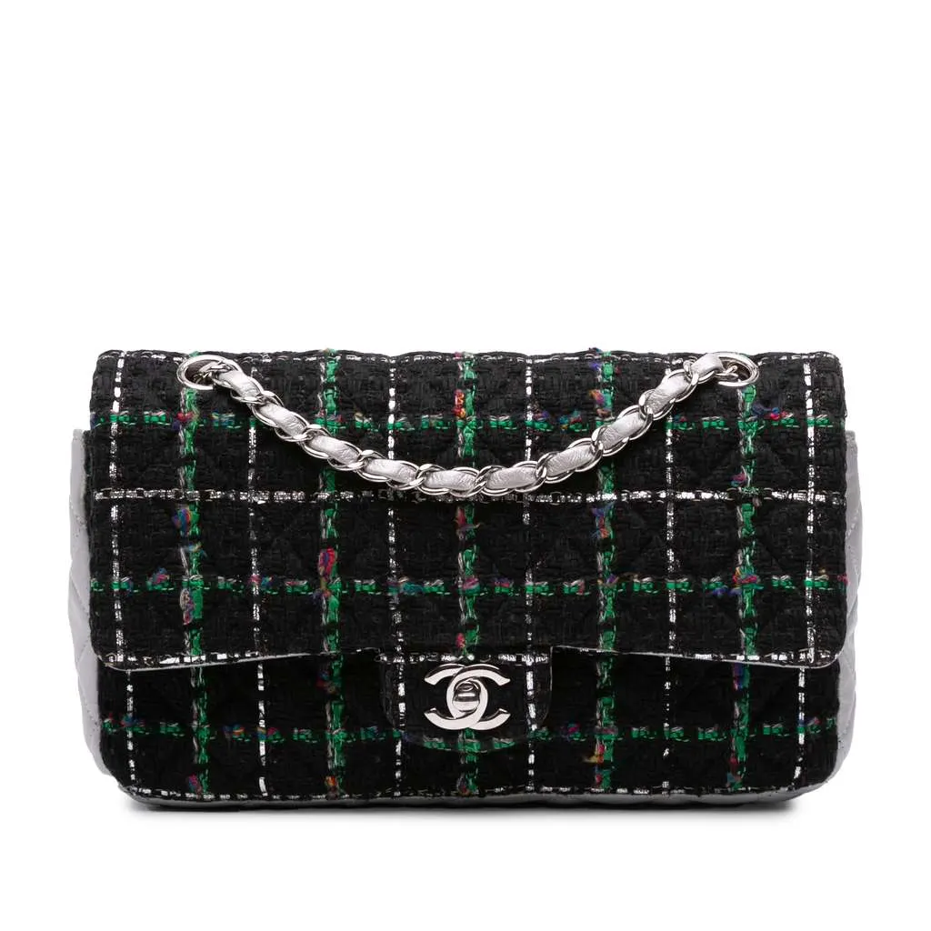 Chanel Medium Classic Quilted Tweed and Metallic Lambskin Double Flap Black Tweed Good - Front View