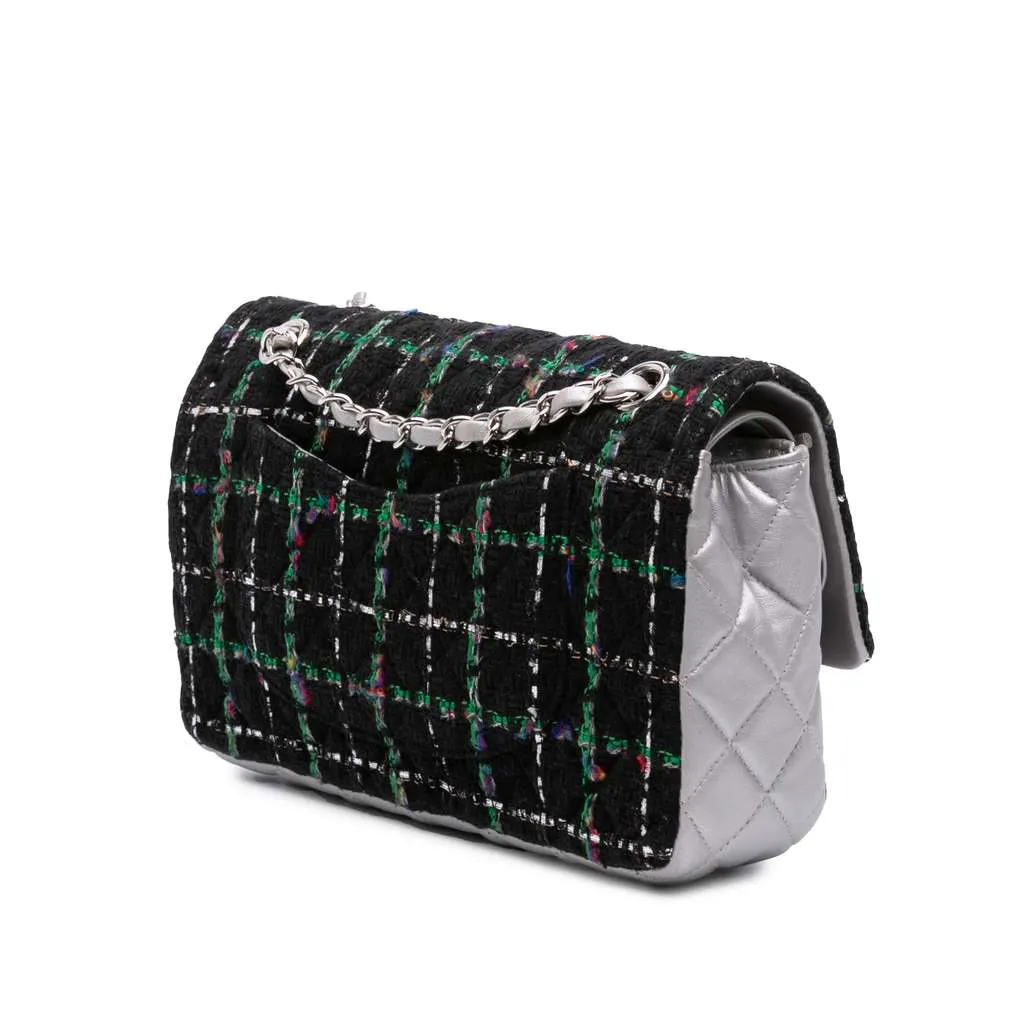 Chanel Medium Classic Quilted Tweed and Metallic Lambskin Double Flap Black Tweed Good - Back View