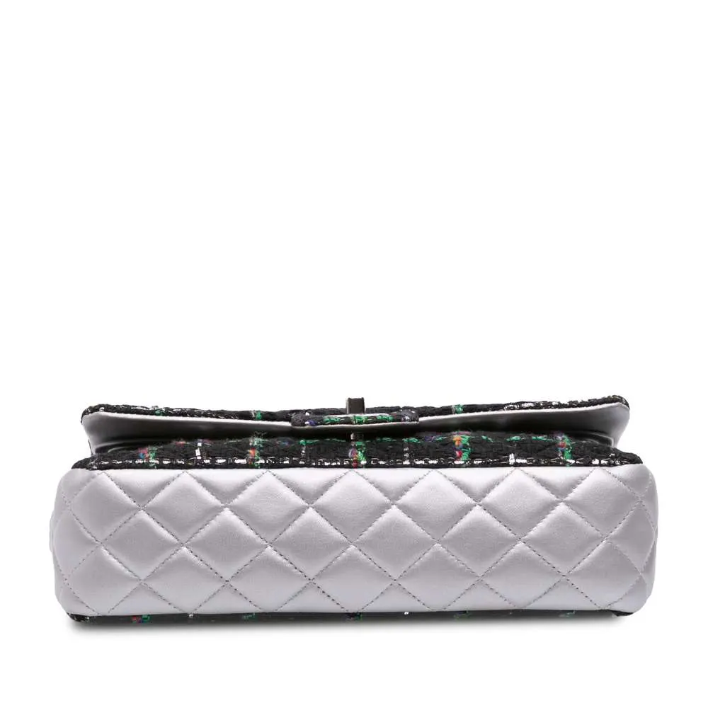 Chanel Medium Classic Quilted Tweed and Metallic Lambskin Double Flap Black Tweed Good - Inside View
