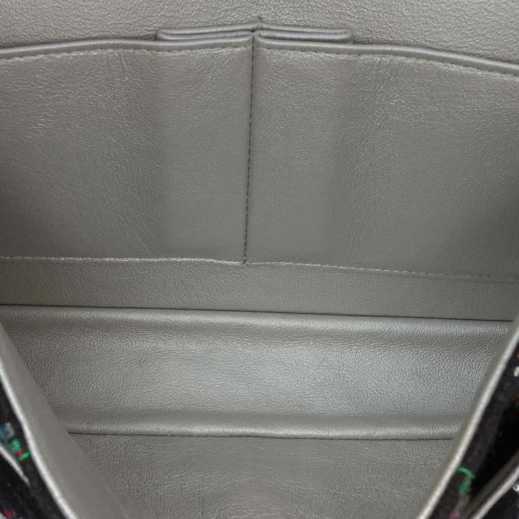 Chanel Medium Classic Quilted Tweed and Metallic Lambskin Double Flap Black Tweed Good - Model View