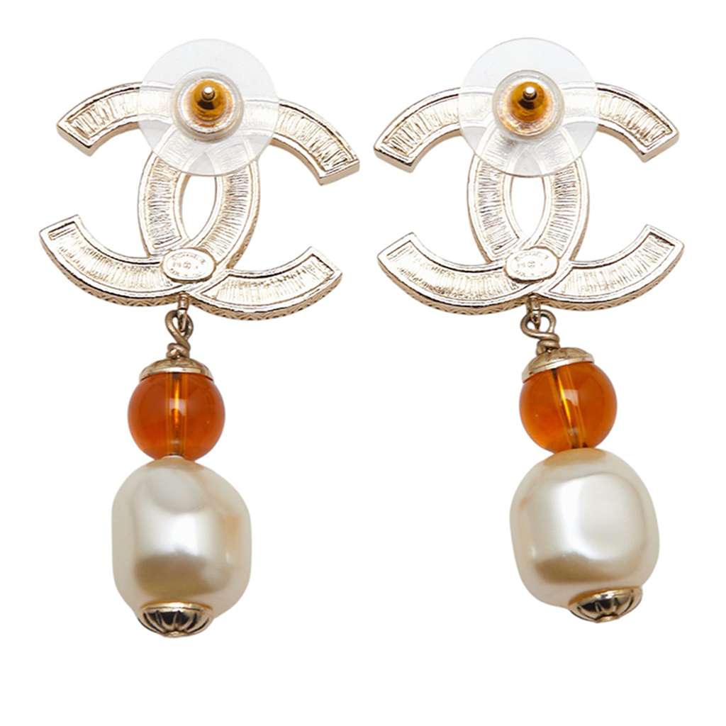 Chanel Gold Plated CC Rhinestones Pearl Drop Push Back Earrings - 2