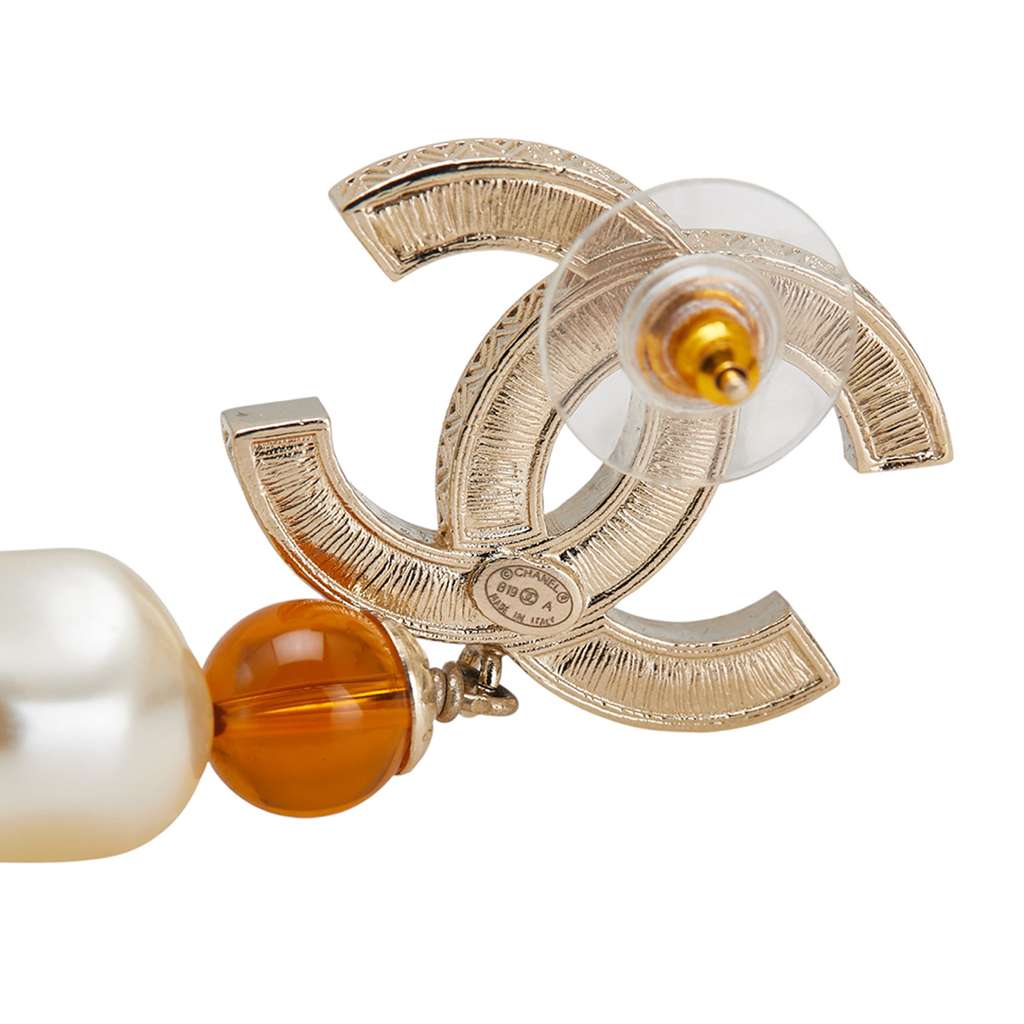 Chanel Gold Plated CC Rhinestones Pearl Drop Push Back Earrings - 3