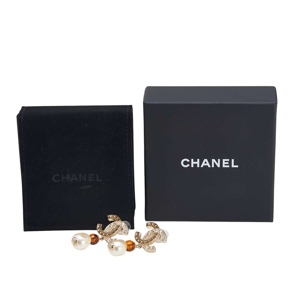 Chanel Gold Plated CC Rhinestones Pearl Drop Push Back Earrings - 4