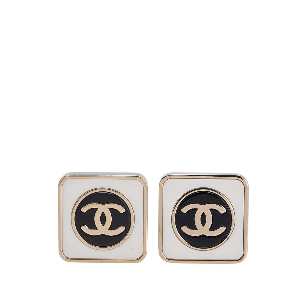 Chanel Silver Plated Enamel CC Square Push Back Earrings