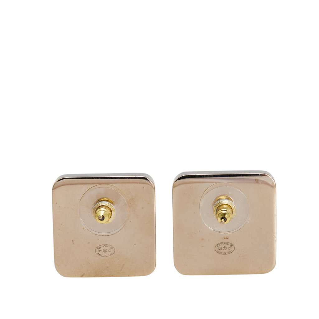 Chanel Silver Plated Enamel CC Square Push Back Earrings - Back view