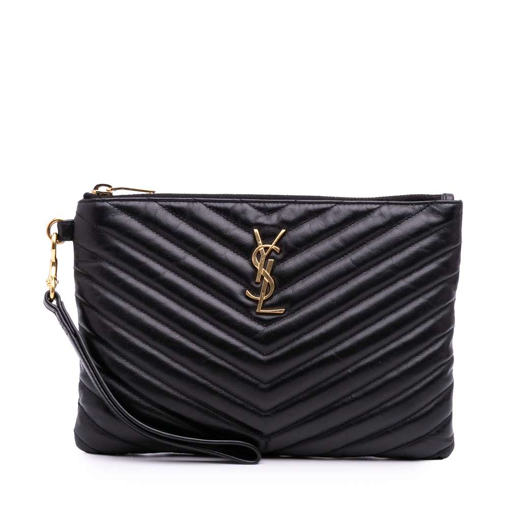 Saint Laurent Matelasse Chevron Leather Monogram Zip A5 Wristlet Pouch