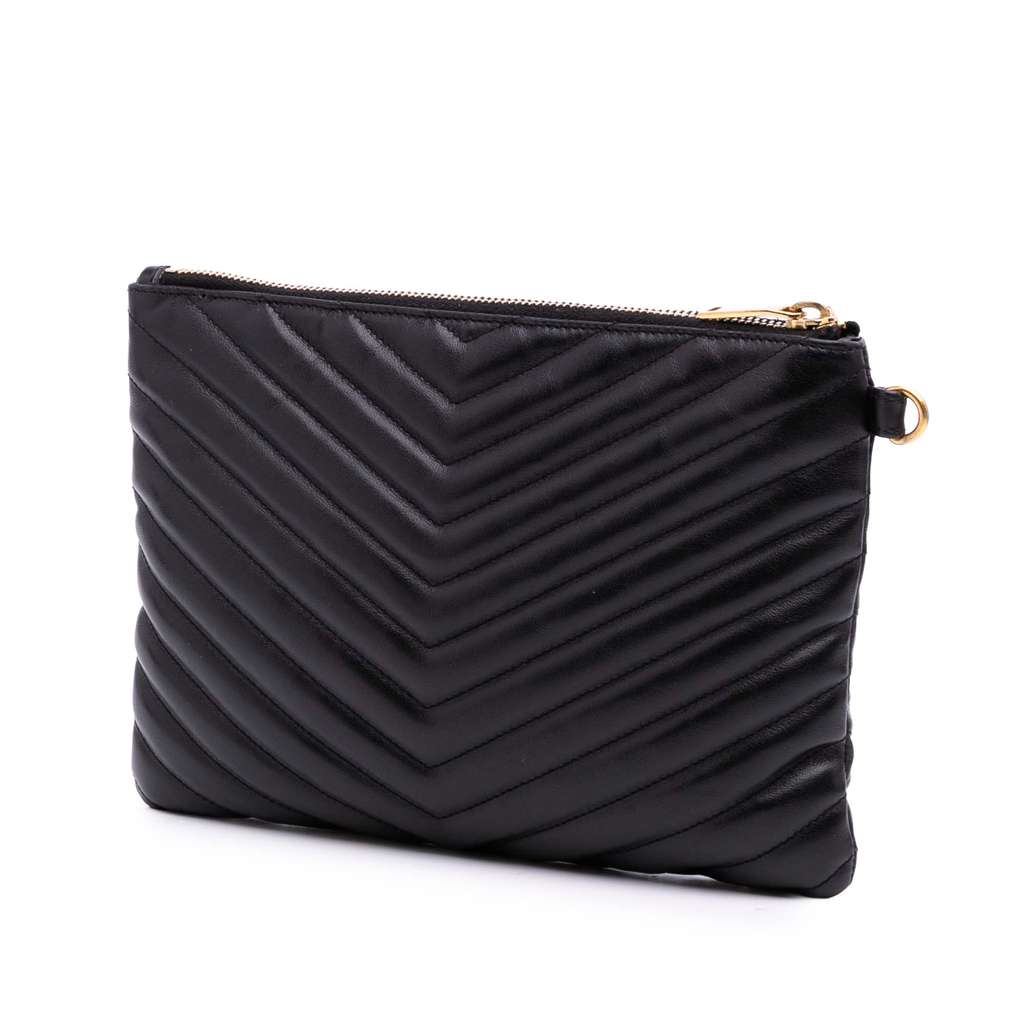 Saint Laurent Matelasse Chevron Leather Monogram Zip A5 Wristlet Pouch - Back view