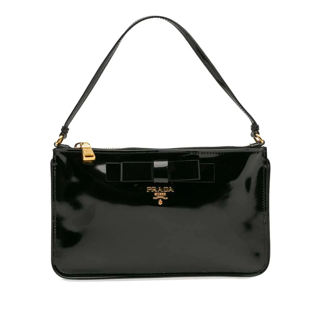 Prada Spazzolato Bow Pochette Black Leather Good - Front View