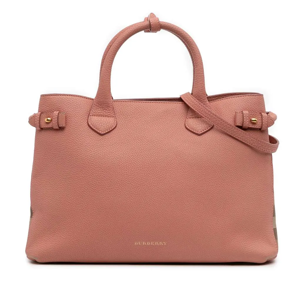 Burberry Medium Leather and House Check Banner Satchel Pink Leather Good - Front View