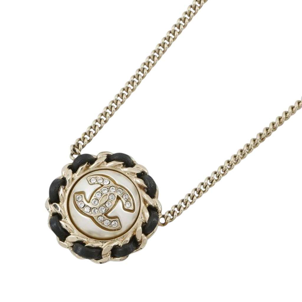 Chanel Gold Plated Faux Pearl CC Rhinestone Pendant Necklace