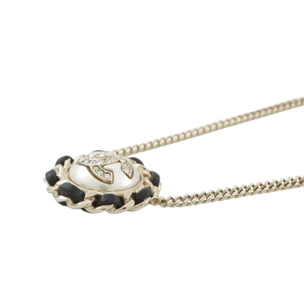 Chanel Gold Plated Faux Pearl CC Rhinestone Pendant Necklace - Image 6
