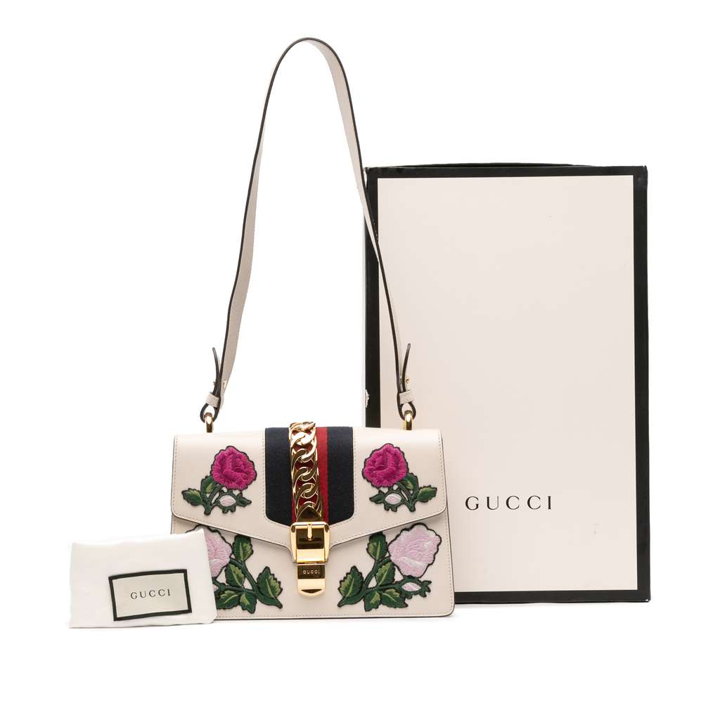 Gucci Small Floral Embroidered Leather Sylvie Satchel - Image 12