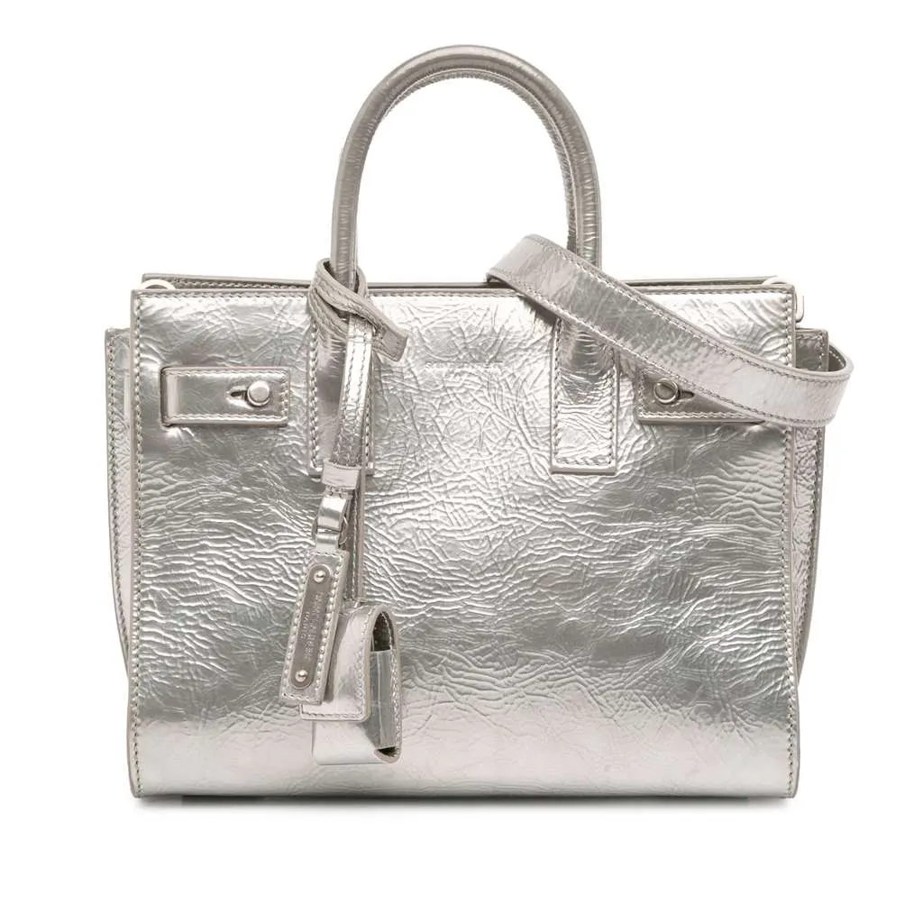 Saint Laurent Nano Metallic Crinkled Calfskin Supple Sac De Jour Satchel Silver Leather Good - Front View