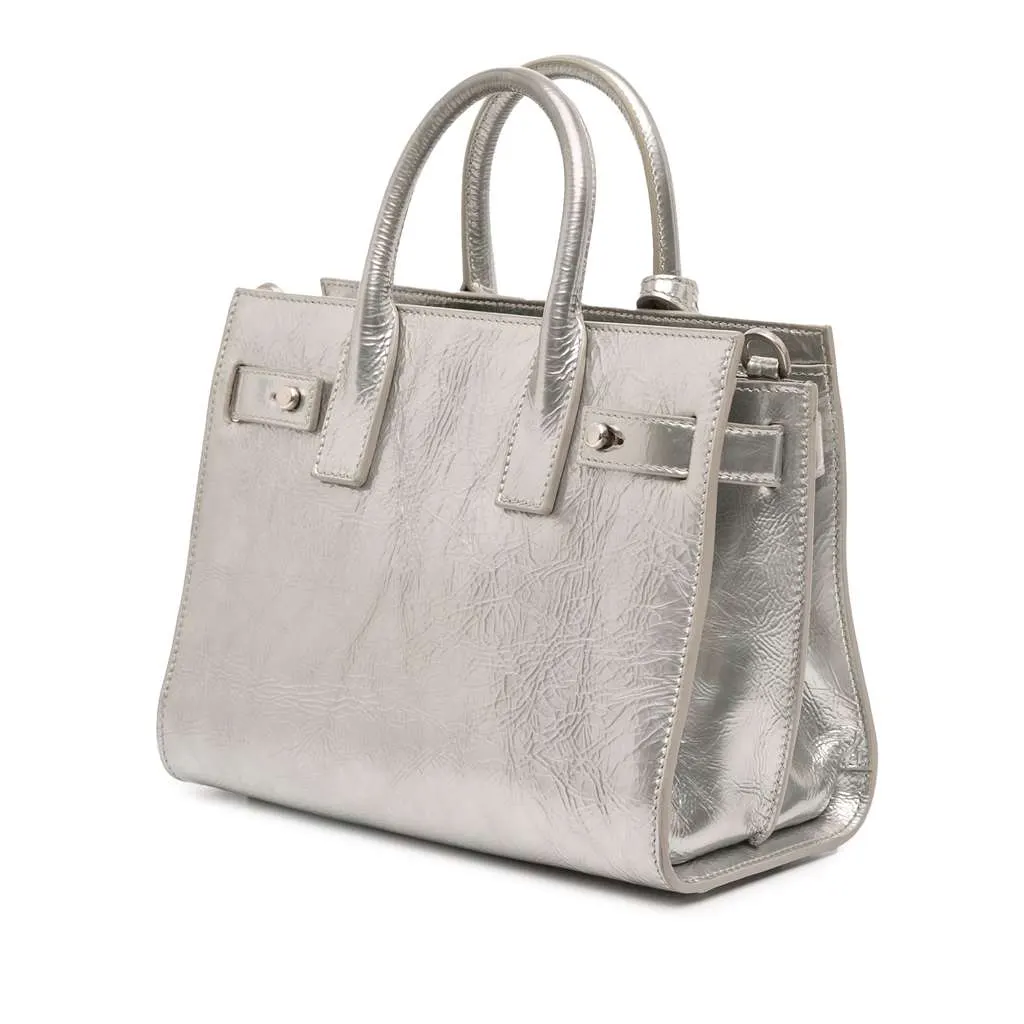 Saint Laurent Nano Metallic Crinkled Calfskin Supple Sac De Jour Satchel Silver Leather Good - Back View