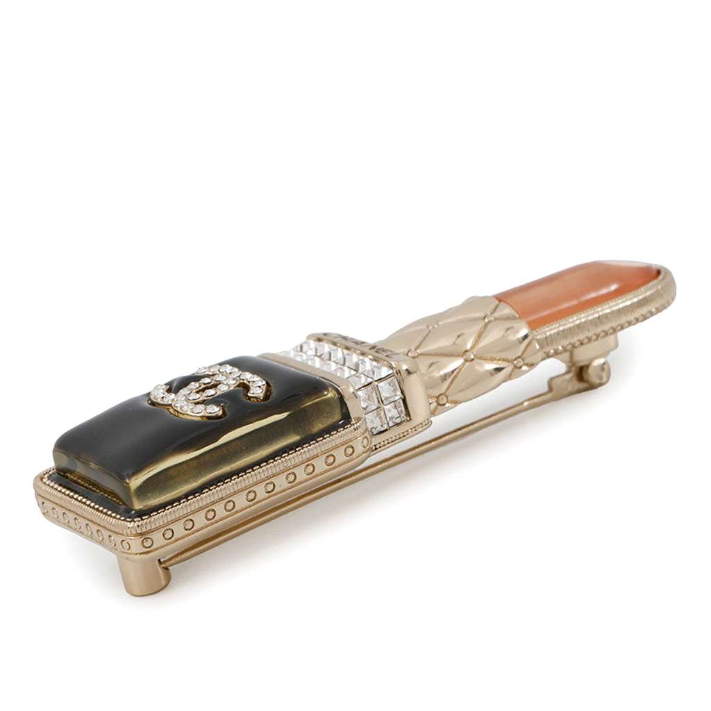 Chanel Gold Plated Resin Crystal Lipstick Brooch - 3