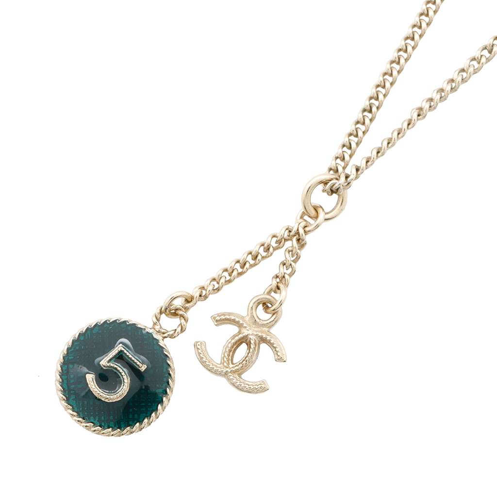 Chanel Gold Plated CC Charm Round Enamel No 5 Pendant Necklace