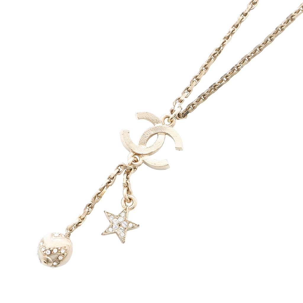 Chanel Gold Plated CC Rhinestones Star and Ball Pendant Necklace - 2