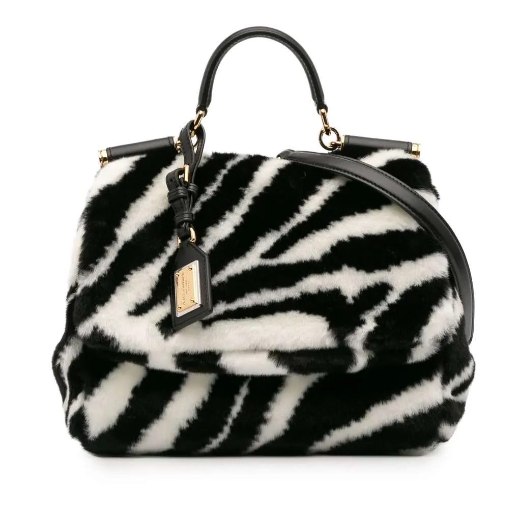 Dolce & Gabbana Medium Faux Fur Zebra Print Miss Sicily Satchel Black Polyester Good - Front View