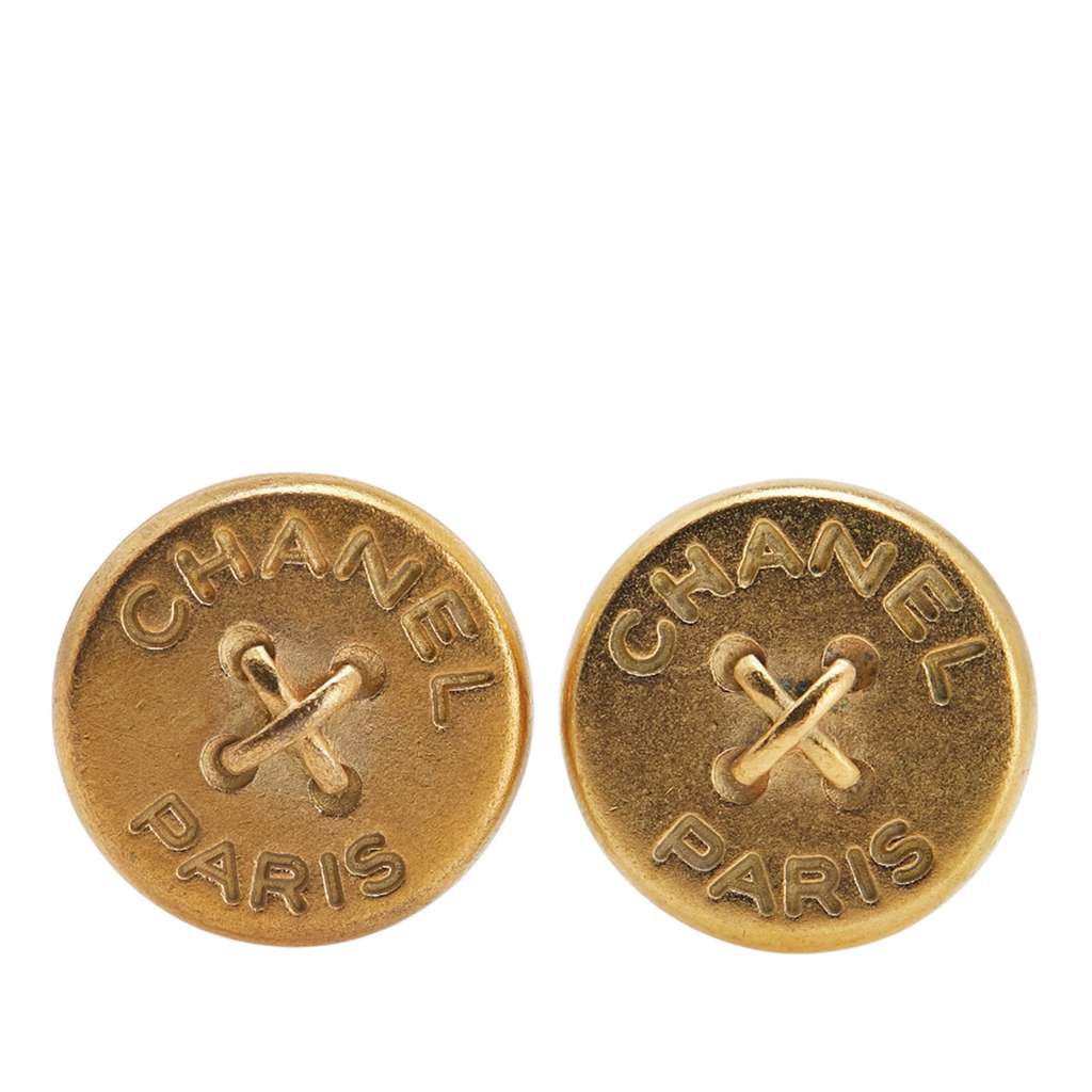 Chanel Gold Plated Round Button Clip On Earrings