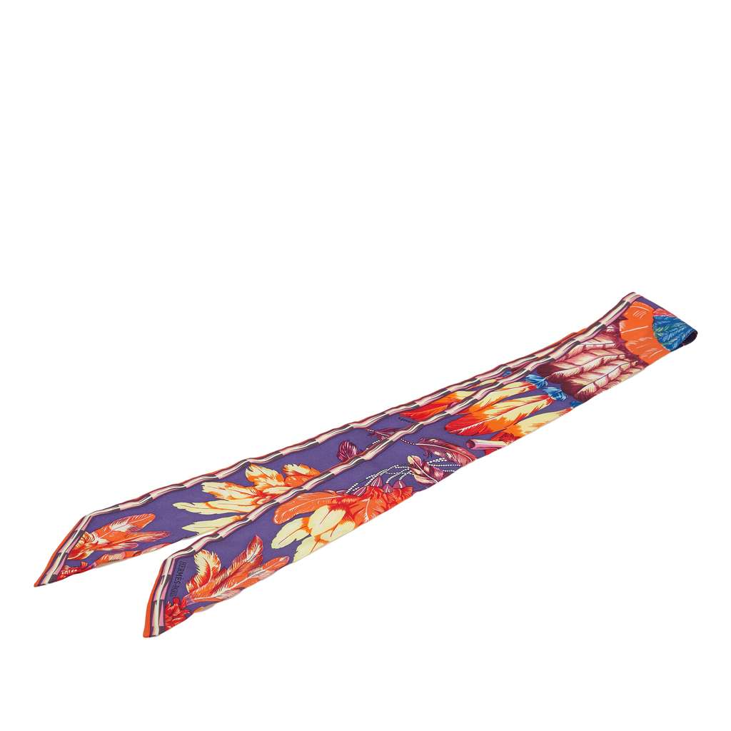 Hermès Twill Feather Motif Silk Twilly Scarf