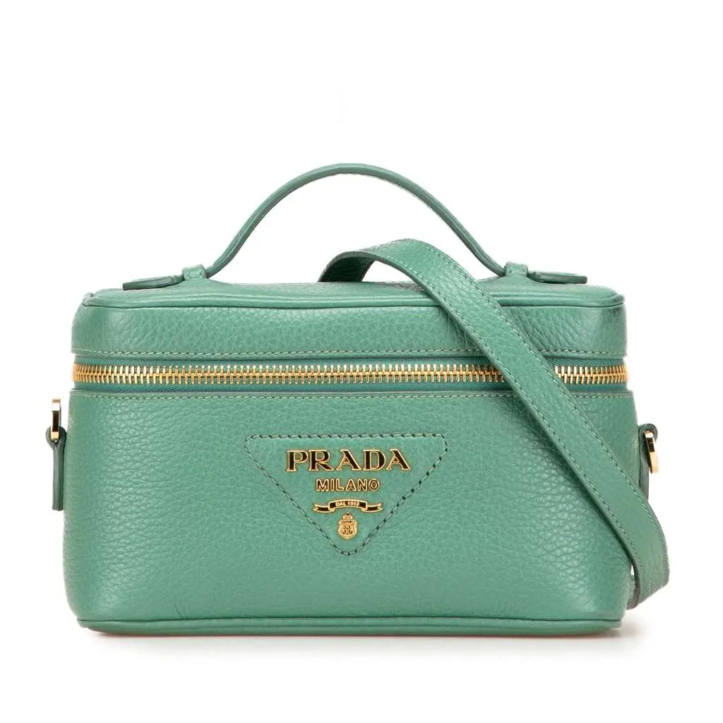 Prada Mini Vitello Daino Vanity Top Handle Bag Green Leather Good - Front View