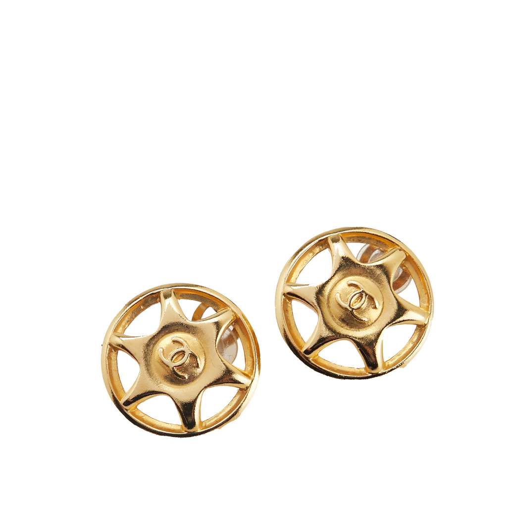 Chanel Gold Plated CC Round Star Clip On Earrings