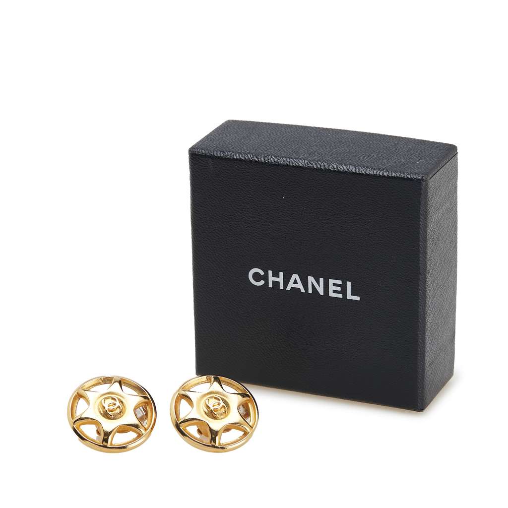 Chanel Gold Plated CC Round Star Clip On Earrings - 4