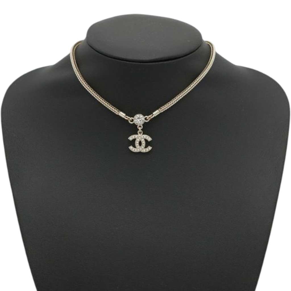Chanel Gold Plated CC Rhinestone Pendant Necklace - Image 10
