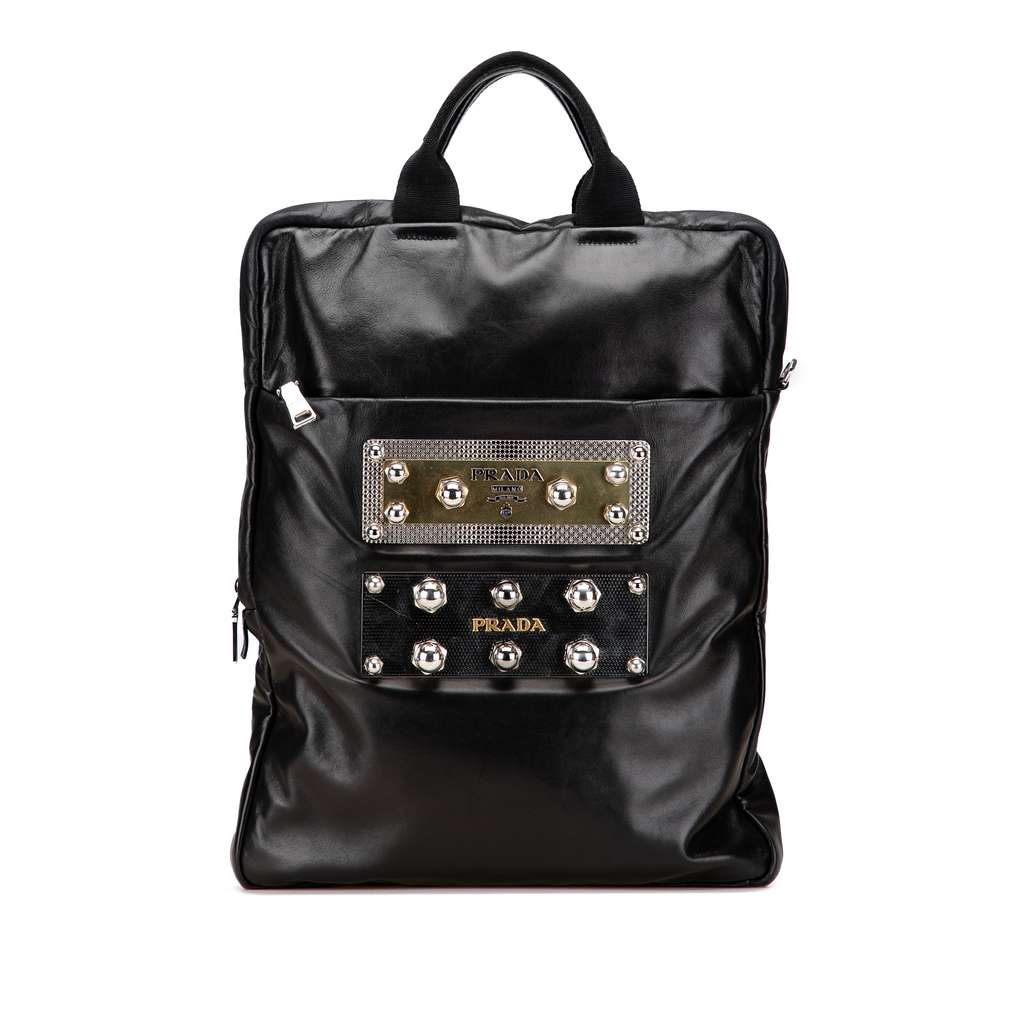 Prada Leather Logo Metal Plate Vertical Tote